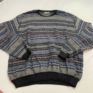 MFH Knits 100% Alpaca Men's Crewneck Sweater Size XXL Blue Gray Black Stripped